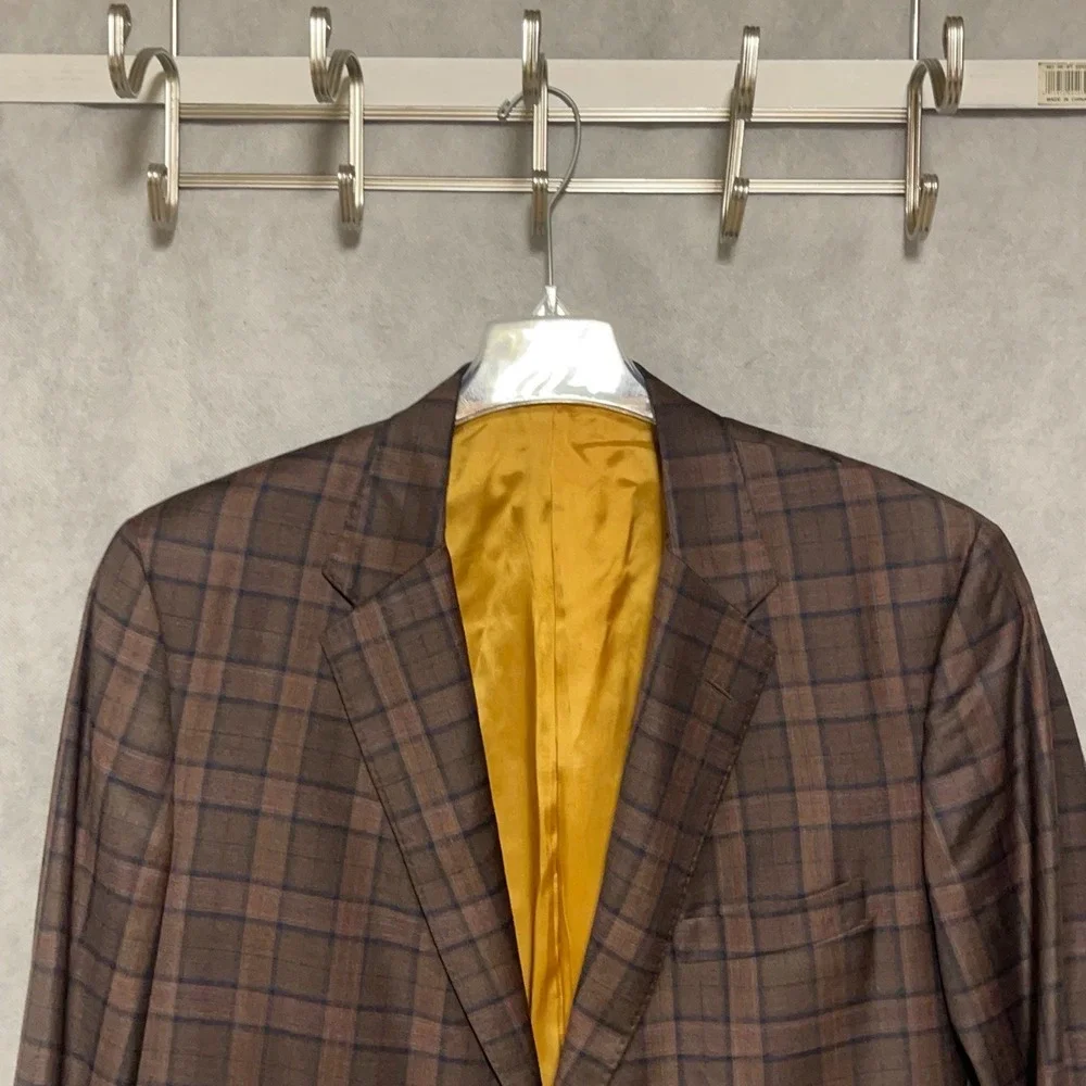 Tom James Blazer Men 44R Brown Blue Tartan Plaid Surgeon Cuffs Flannel Bespoke